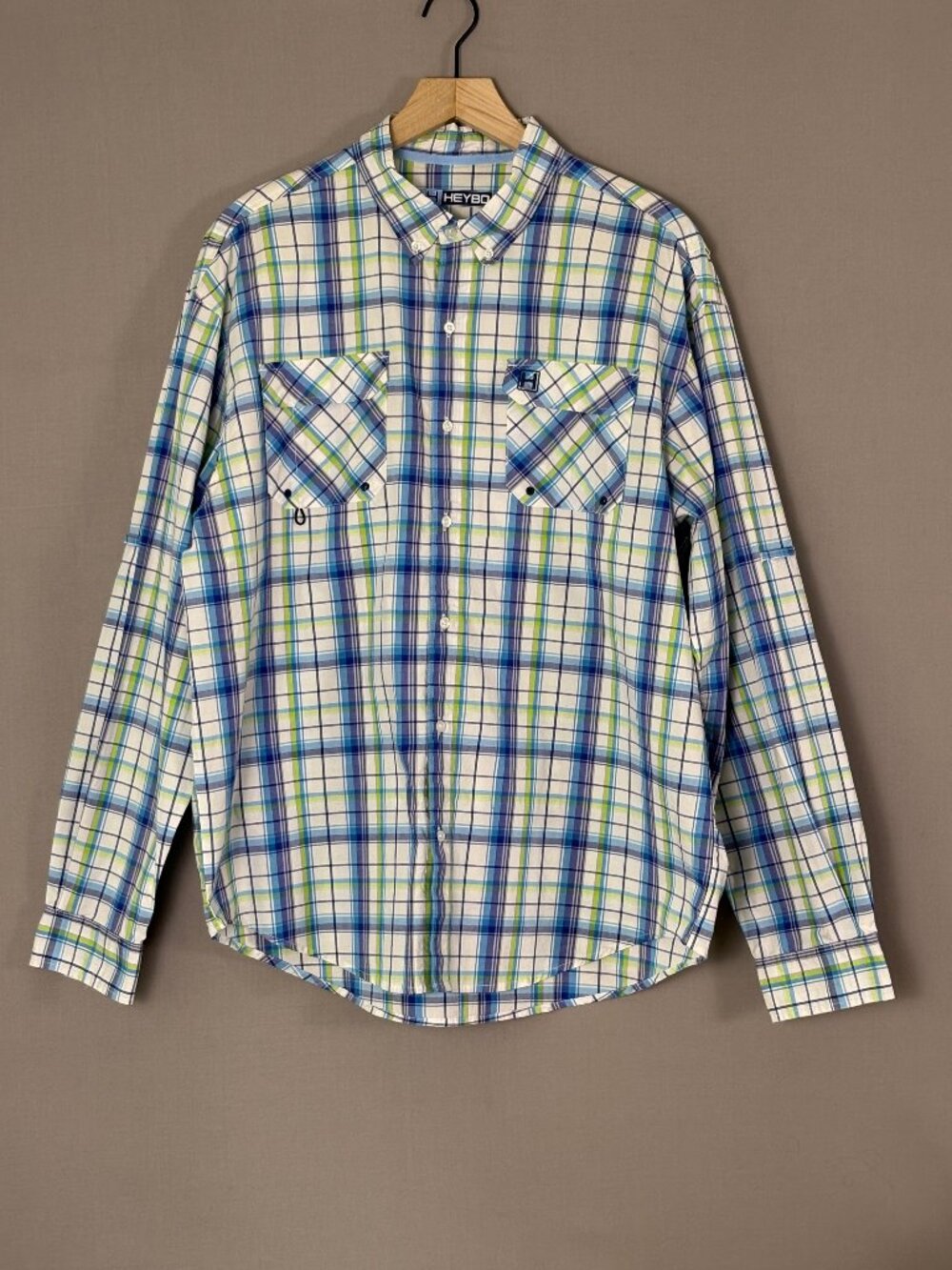 Heybo Performance Fishing Shirt Large Plaid Blue Green Vented Long Sleeve